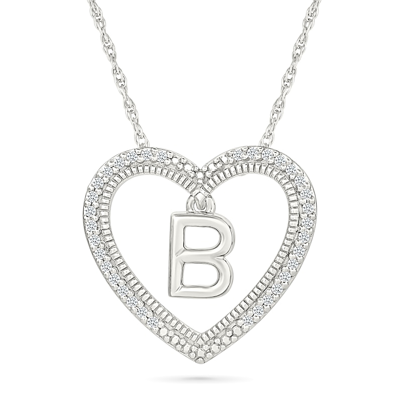 Main Image 1 of 0.085 CT. T.W. Diamond "B" Initial Dangle Heart Necklace in Sterling Silver