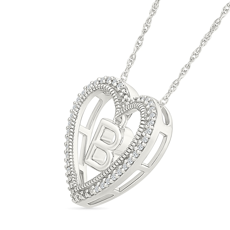 Main Image 2 of 0.085 CT. T.W. Diamond "B" Initial Dangle Heart Necklace in Sterling Silver