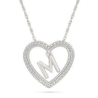 0.085 CT. T.W. Diamond "M" Initial Dangle Heart Necklace in Sterling Silver