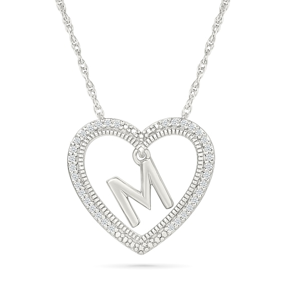 0.085 CT. T.W. Diamond "M" Initial Dangle Heart Necklace in Sterling Silver