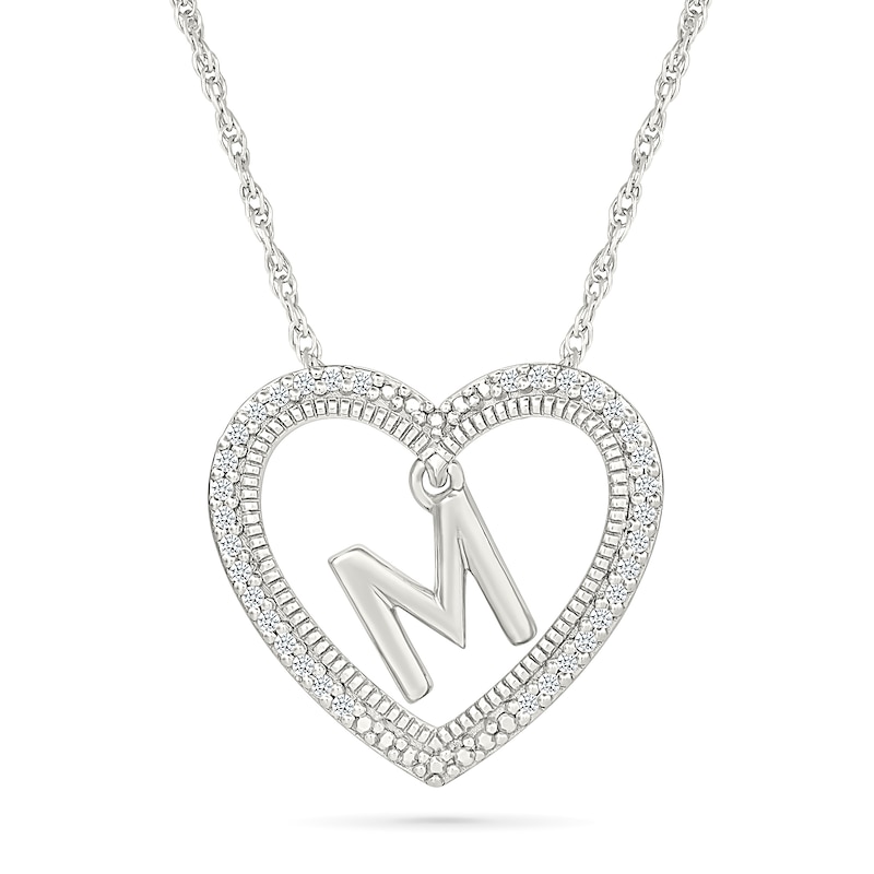 Main Image 1 of 0.085 CT. T.W. Diamond "M" Initial Dangle Heart Necklace in Sterling Silver