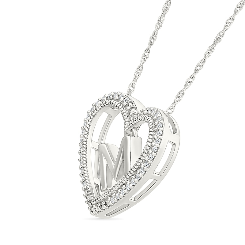 Main Image 2 of 0.085 CT. T.W. Diamond "M" Initial Dangle Heart Necklace in Sterling Silver