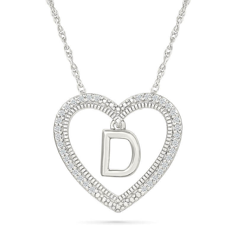 Main Image 1 of 0.085 CT. T.W. Diamond "D" Initial Dangle Heart Necklace in Sterling Silver