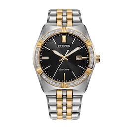 Men's Citizen Eco-Drive® 0.085 CT. T.W. Diamond Corso Two-Tone IP Watch with Black Dial (Model: BM7644-51E)