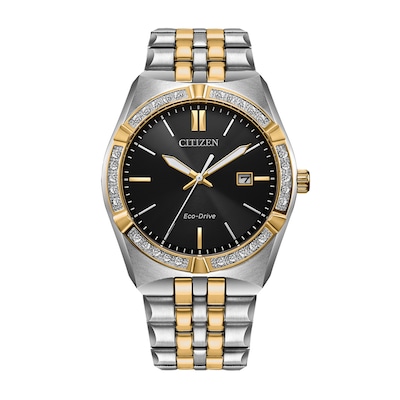 Men's Citizen Eco-Drive® 0.085 CT. T.W. Diamond Corso Two-Tone IP Watch with Black Dial (Model: BM7644-51E)