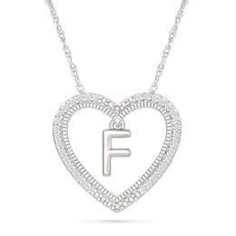 0.085 CT. T.W. Diamond "F" Initial Dangle Heart Necklace in Sterling Silver