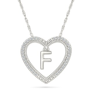 0.085 CT. T.W. Diamond "F" Initial Dangle Heart Necklace in Sterling Silver
