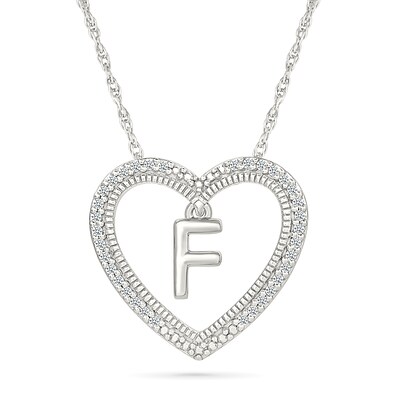 0.085 CT. T.W. Diamond "F" Initial Dangle Heart Necklace in Sterling Silver