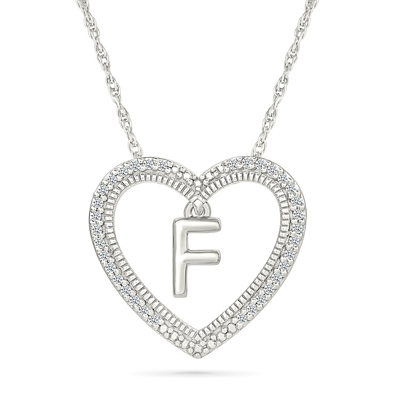 Main Image 1 of 0.085 CT. T.W. Diamond "F" Initial Dangle Heart Necklace in Sterling Silver
