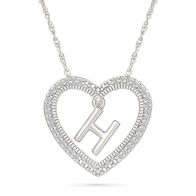 0.085 CT. T.W. Diamond "H" Initial Dangle Heart Necklace in Sterling Silver