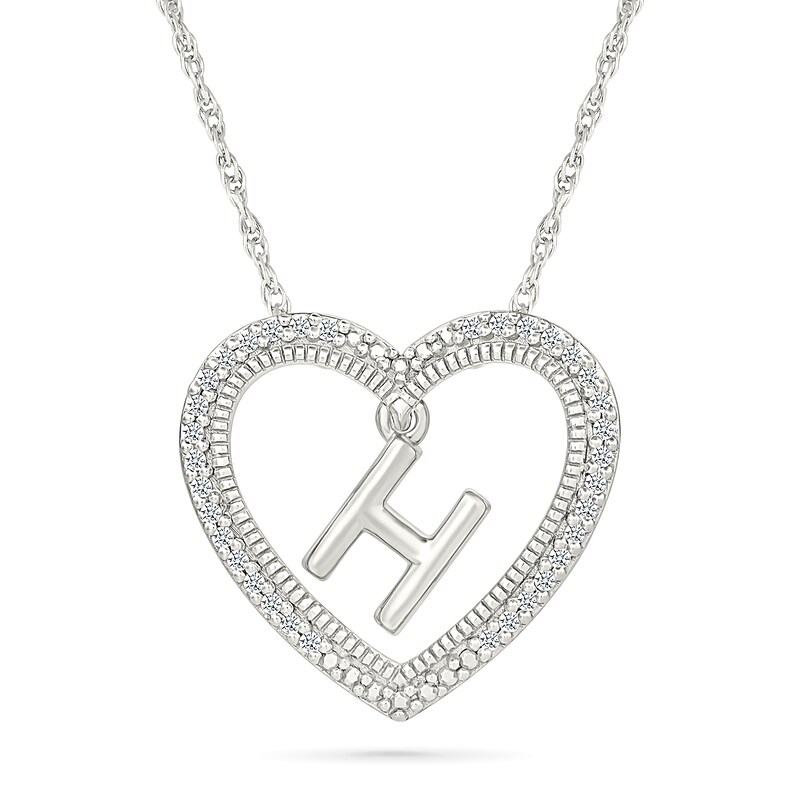 Main Image 1 of 0.085 CT. T.W. Diamond "H" Initial Dangle Heart Necklace in Sterling Silver