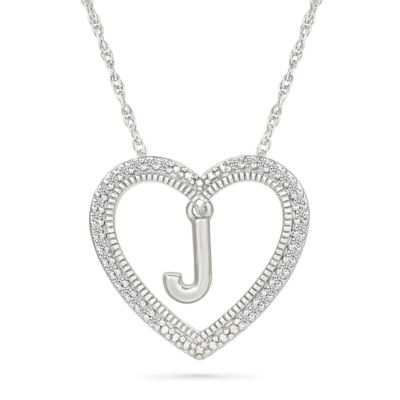 Main Image 1 of 0.085 CT. T.W. Diamond "J" Initial Dangle Heart Necklace in Sterling Silver