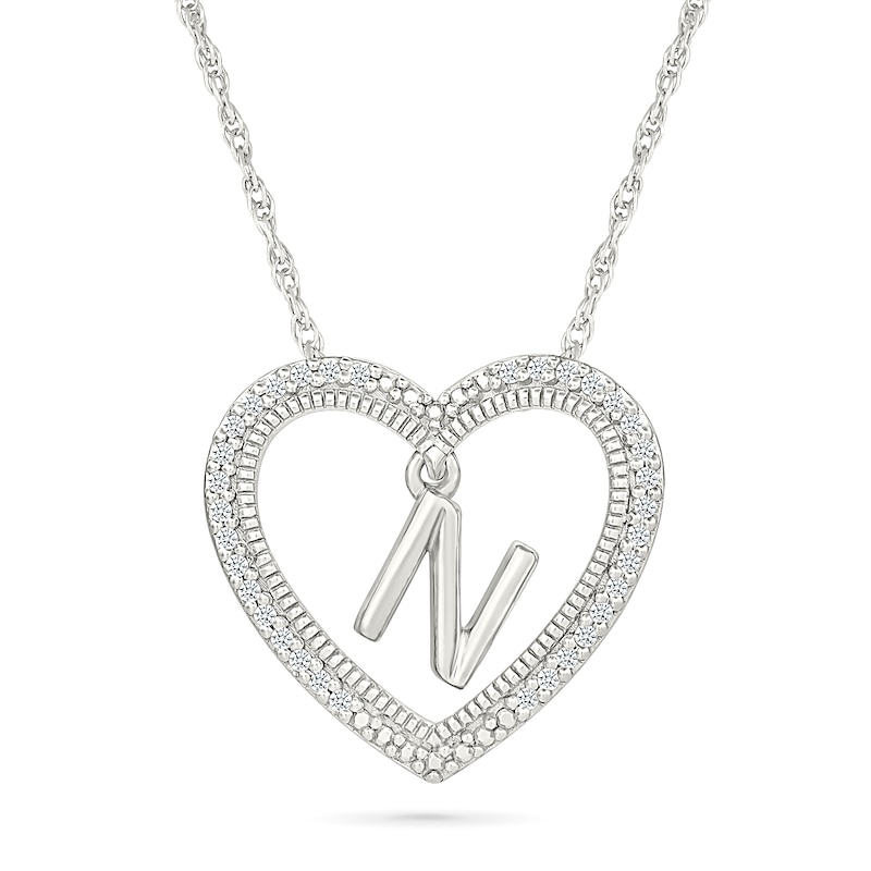Main Image 1 of 0.085 CT. T.W. Diamond "N" Initial Dangle Heart Necklace in Sterling Silver