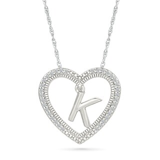 0.085 CT. T.W. Diamond "K" Initial Dangle Heart Necklace in Sterling Silver