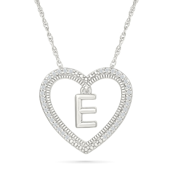 0.085 CT. T.W. Diamond "E" Initial Dangle Heart Necklace in Sterling Silver