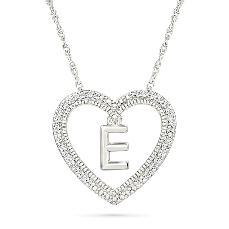 Main Image 1 of 0.085 CT. T.W. Diamond "E" Initial Dangle Heart Necklace in Sterling Silver