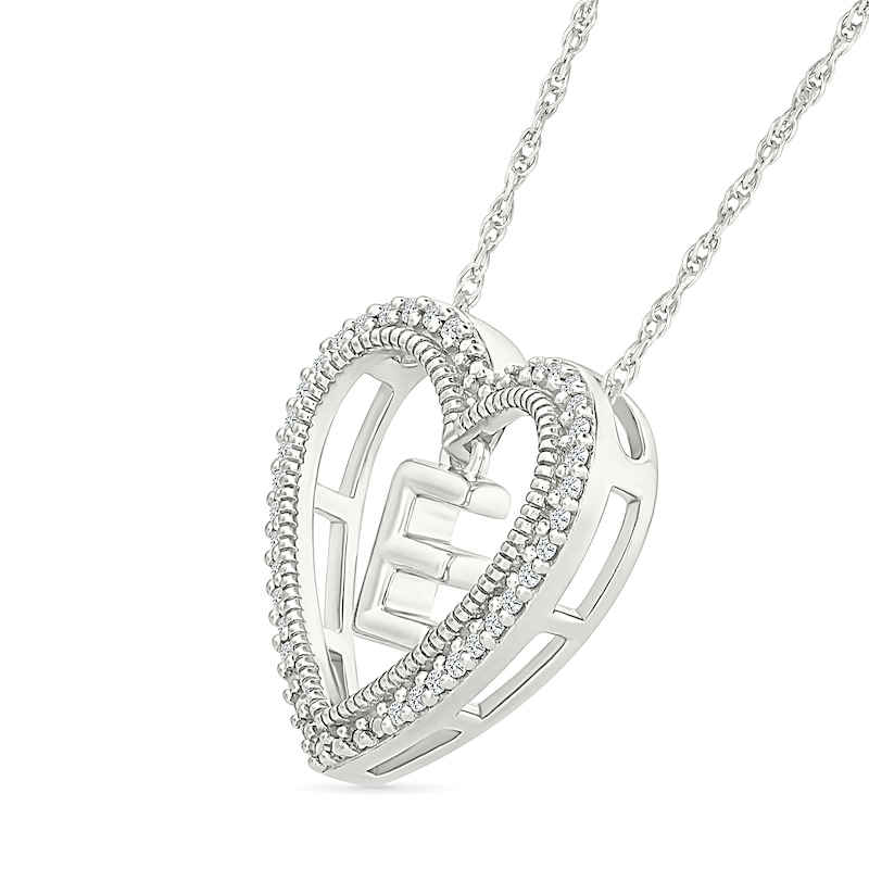 Main Image 2 of 0.085 CT. T.W. Diamond "E" Initial Dangle Heart Necklace in Sterling Silver