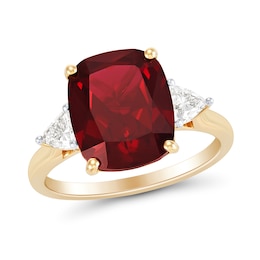 Cushion-Cut Lab-Created Ruby and 0.37 CT. T.W. Trillion-Cut Certified Lab-Grown Diamond Three Stone Ring in 10K Gold