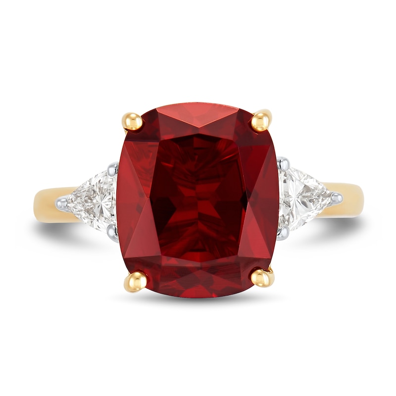 Main Image 2 of Cushion-Cut Lab-Created Ruby and 0.37 CT. T.W. Trillion-Cut Certified Lab-Grown Diamond Three Stone Ring in 10K Gold