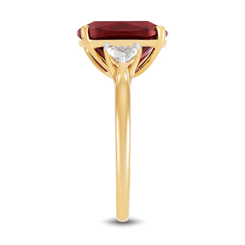 Main Image 3 of Cushion-Cut Lab-Created Ruby and 0.37 CT. T.W. Trillion-Cut Certified Lab-Grown Diamond Three Stone Ring in 10K Gold