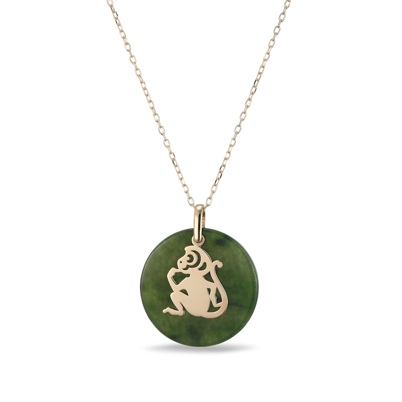 Main Image 1 of 20.0mm Jade Monkey Chinese Zodiac Disc Pendant in 14K Gold