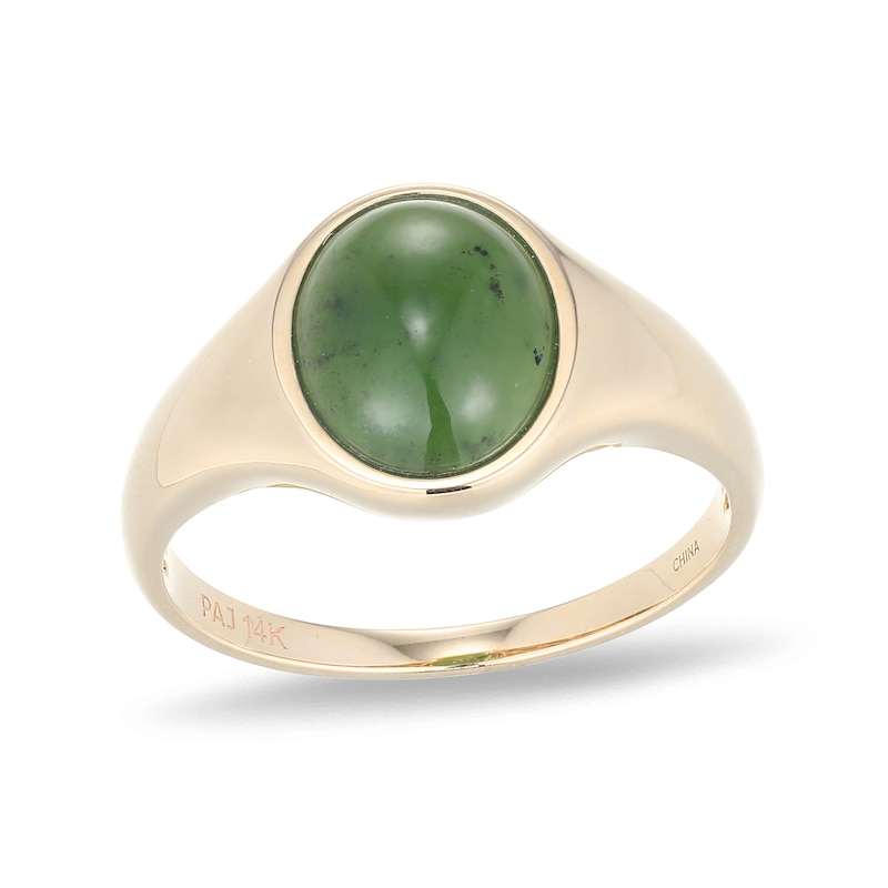 Main Image 3 of Oval Jade Solitaire Signet Ring in 14K Gold - Size 7