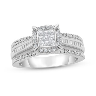 0.45 CT. T.W. Princess-Cut Multi-Diamond Cushion Frame Triple Row Engagement Ring in 14K White Gold