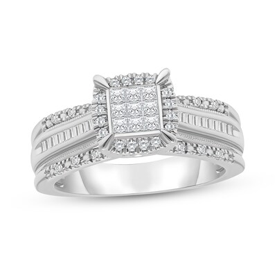 0.45 CT. T.W. Princess-Cut Multi-Diamond Cushion Frame Triple Row Engagement Ring in 14K White Gold