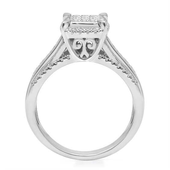 0.45 CT. T.W. Princess-Cut Multi-Diamond Cushion Frame Triple Row Engagement Ring in 14K White Gold
