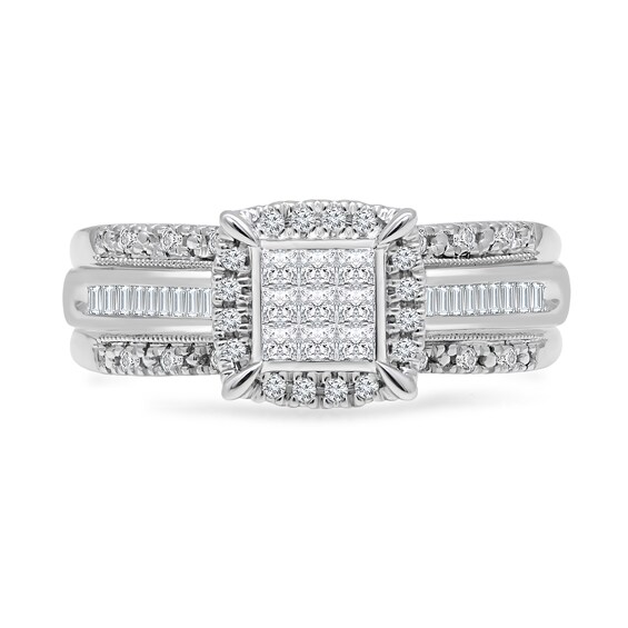 0.45 CT. T.W. Princess-Cut Multi-Diamond Cushion Frame Triple Row Engagement Ring in 14K White Gold