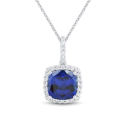Cushion-Cut Blue Lab-Created Sapphire and 0.18 CT. T.W. Certified Lab-Grown Diamond Frame Pendant in 10K White Gold