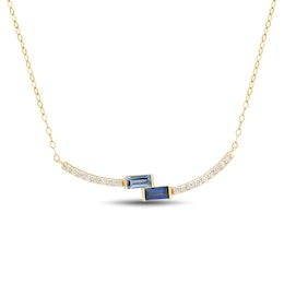 Baguette Blue Lab-Created Sapphire and 0.145 CT. T.W. Certified Lab-Grown Diamond Bypass Necklace in 10K Gold - 17"