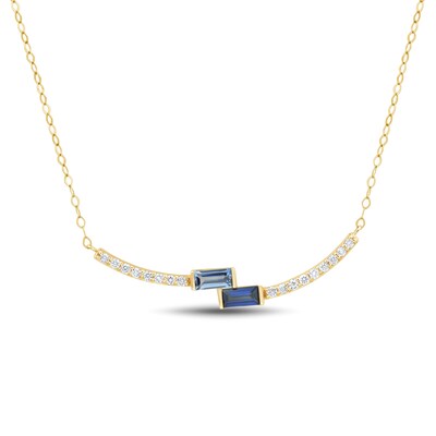 Baguette Blue Lab-Created Sapphire and 0.145 CT. T.W. Certified Lab-Created Diamond Bypass Necklace in 10K Gold - 17"