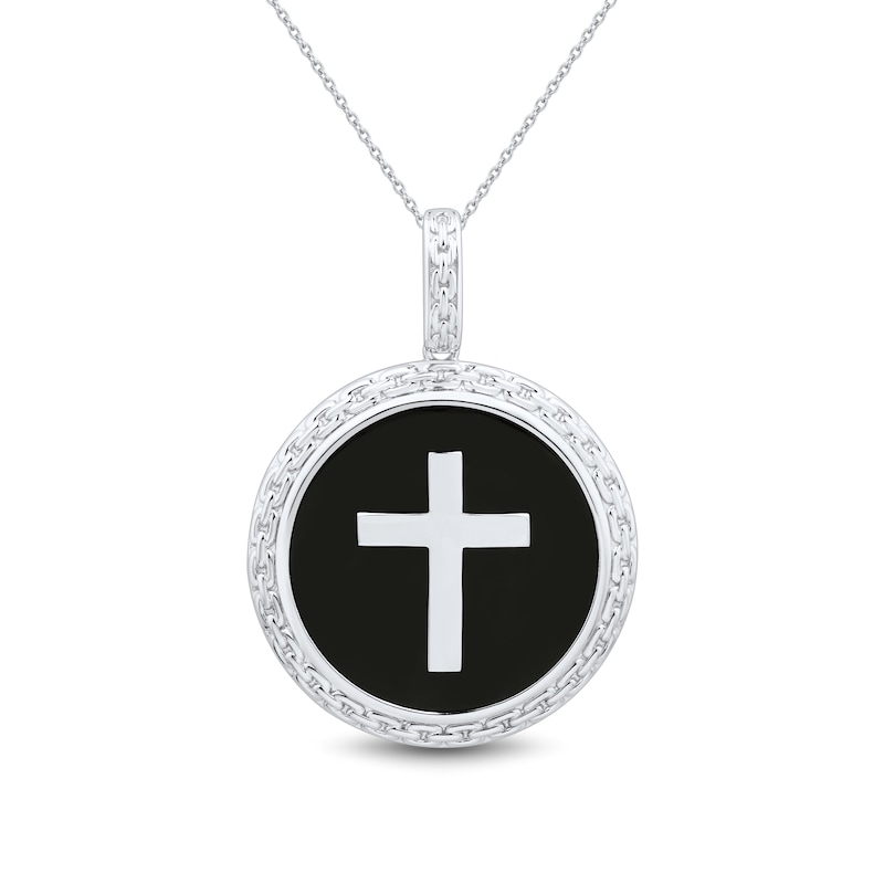 Main Image 1 of 23.0mm Onyx Cross Chain Link Frame Pendant in Sterling Silver