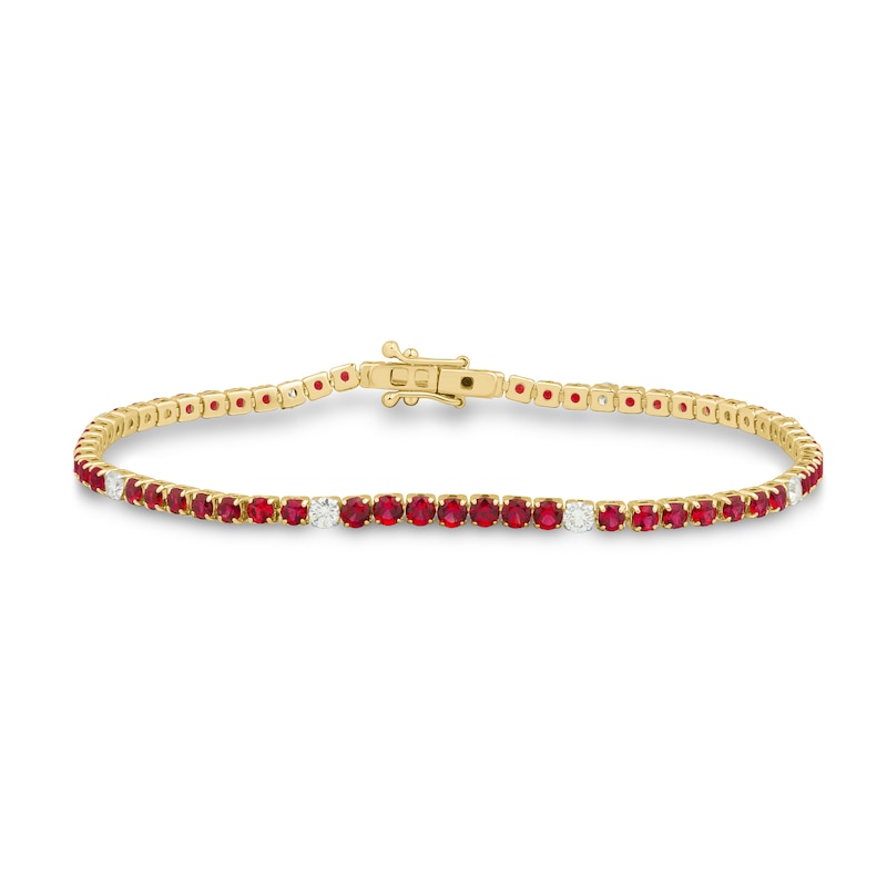 Main Image 1 of Lab-Created Ruby and 0.45 CT. T.W. Certified Lab-Grown Diamond Line Bracelet in 10K Gold (F/SI2) - 6.5”