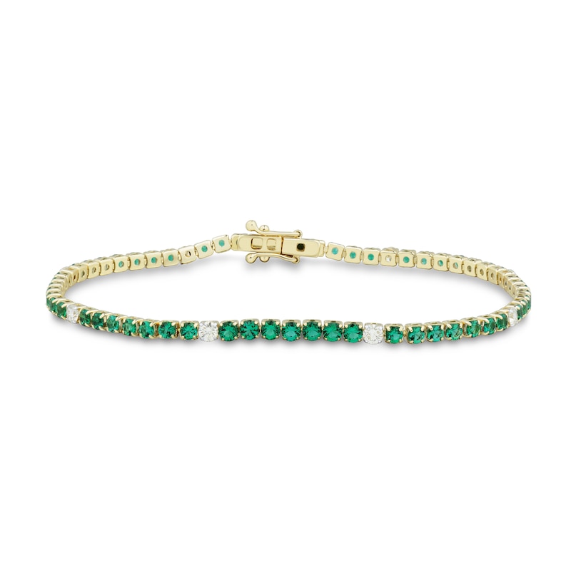 Main Image 1 of Lab-Created Emerald and 0.45 CT. T.W. Certified Lab-Grown Diamond Line Bracelet in 10K Gold (F/SI2) - 6.5”