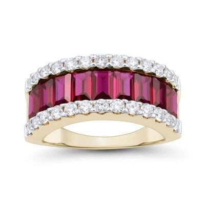 Baguette Lab-Created Ruby and 0.69 CT. T.W. Certified Lab-Created Diamond Edge Ring in 10K Gold (I/SI2)