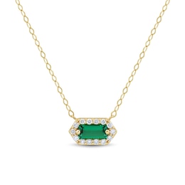 Baguette-Cut Lab-Created Emerald and 0.085 CT. T.W. Certified Lab-Grown Diamond Hexagon Frame Necklace in 10K Gold