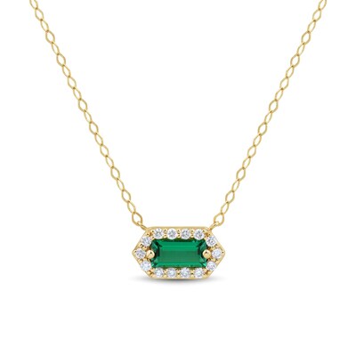 Baguette-Cut Lab-Created Emerald and 0.085 CT. T.W. Certified Lab-Created Diamond Hexagon Frame Necklace in 10K Gold