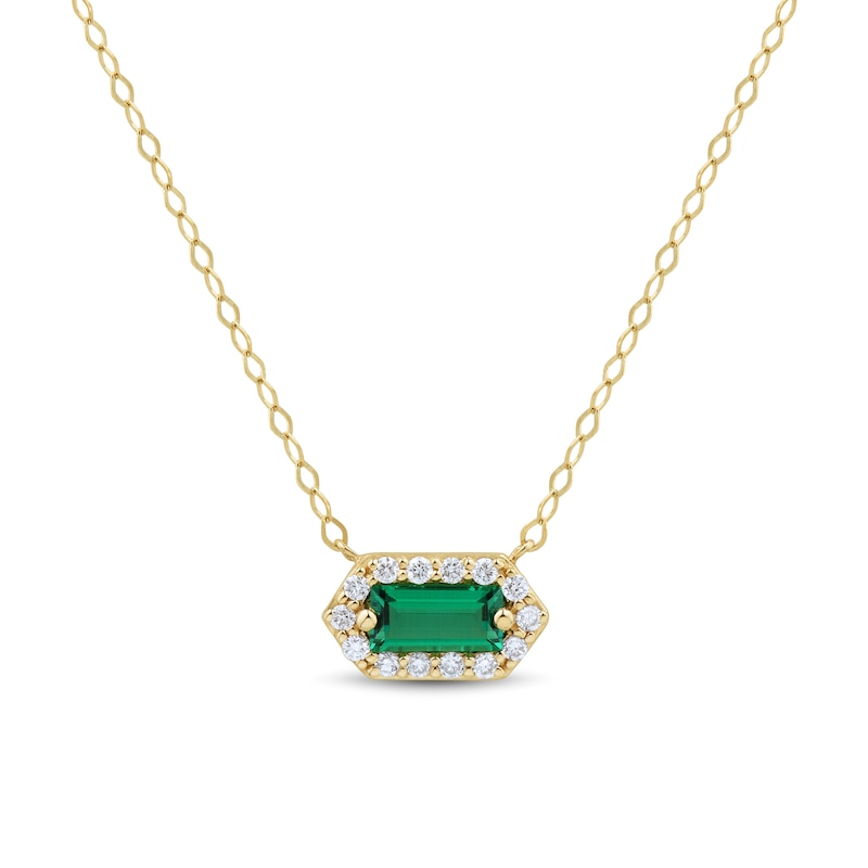 Main Image 1 of Baguette-Cut Lab-Created Emerald and 0.085 CT. T.W. Certified Lab-Grown Diamond Hexagon Frame Necklace in 10K Gold