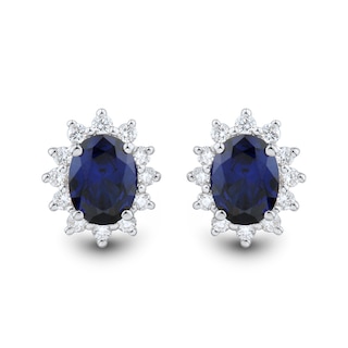 Oval Blue Lab-Created Sapphire and 0.45 CT. T.W. Certified Lab-Created Diamond Sunburst Stud Earrings in 10K White Gold