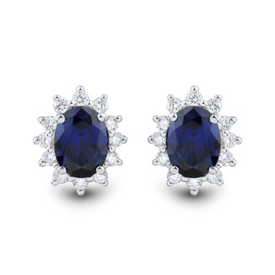 Oval Blue Lab-Created Sapphire and 0.45 CT. T.W. Certified Lab-Created Diamond Sunburst Stud Earrings in 10K White Gold