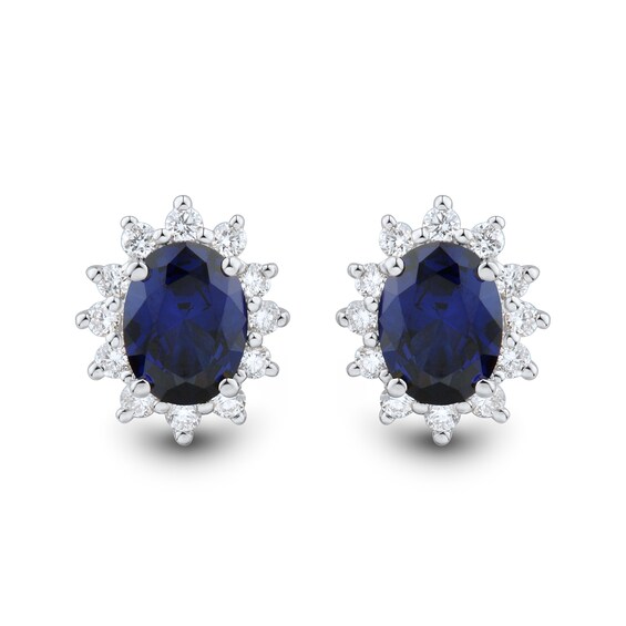 Oval Blue Lab-Created Sapphire and 0.45 CT. T.W. Certified Lab-Created Diamond Sunburst Stud Earrings in 10K White Gold