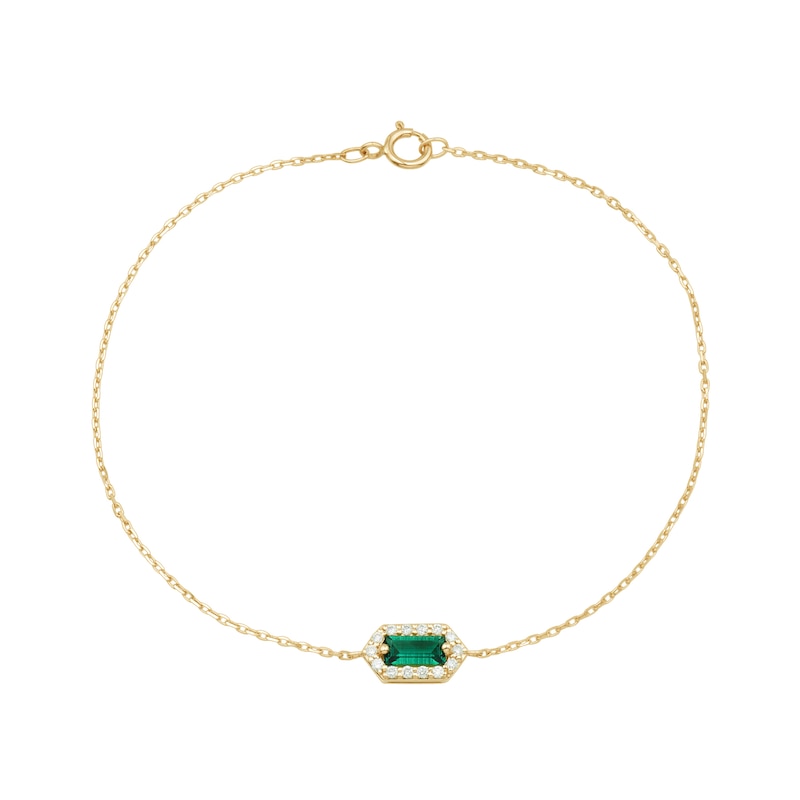 Main Image 1 of Emerald-Cut Lab-Created Emerald and 0.085 CT. T.W. Certified Lab-Grown Diamond Hexagon Frame Bracelet in 10K Gold