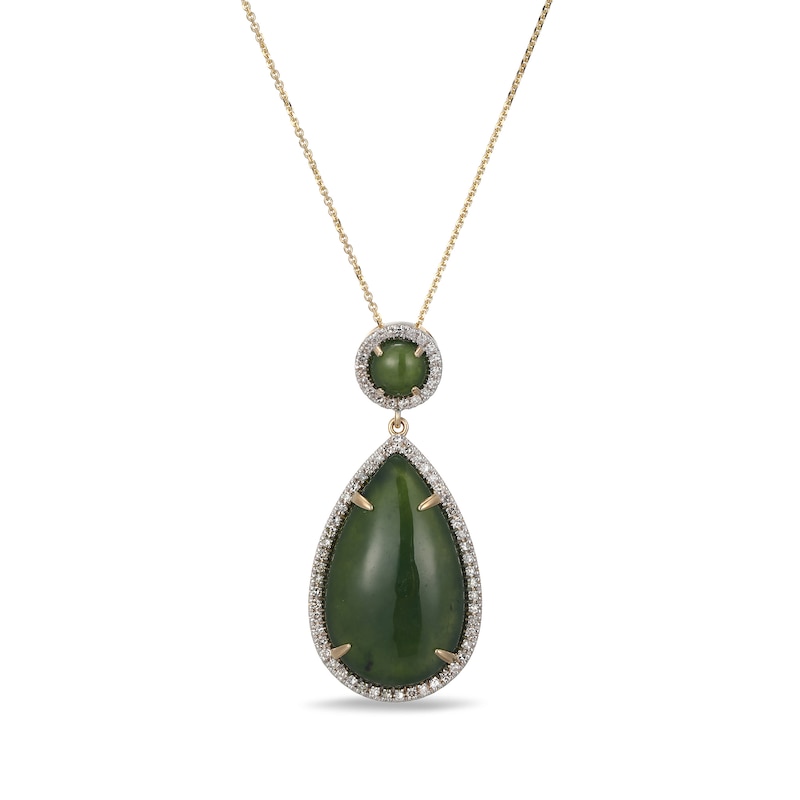 Main Image 1 of Pear-Shaped and Round Jade with 0.40 CT. T.W. Diamond Frame Teardrop Pendant in 14K Gold