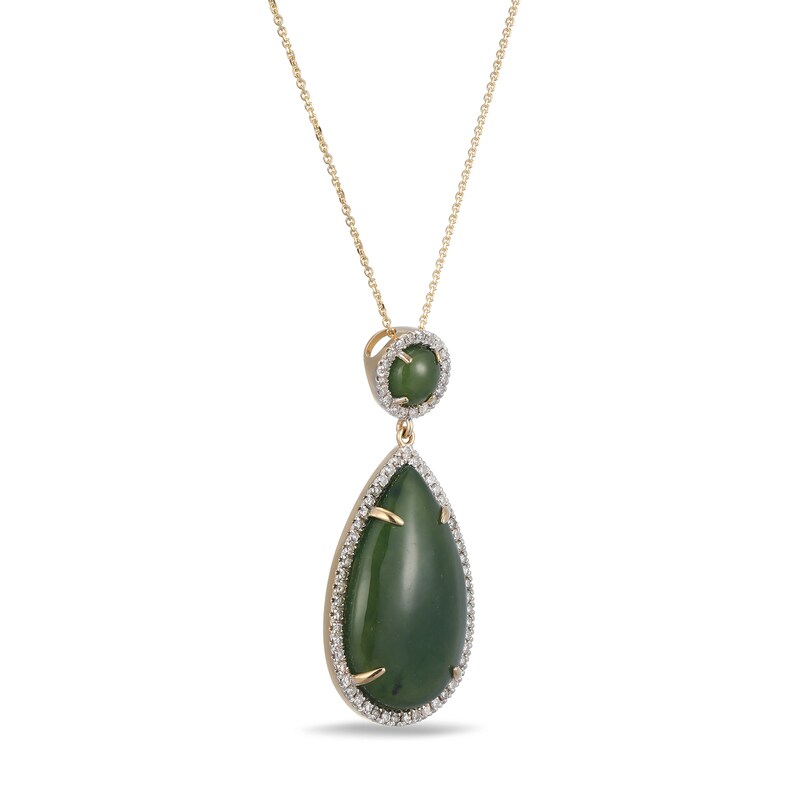 Main Image 2 of Pear-Shaped and Round Jade with 0.40 CT. T.W. Diamond Frame Teardrop Pendant in 14K Gold