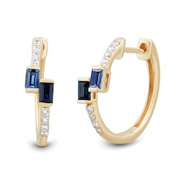 Baguette Blue Lab-Created Sapphire and 0.085 CT. T.W. Certified Lab-Grown Diamond Bypass Hoop Earrings in 10K Gold