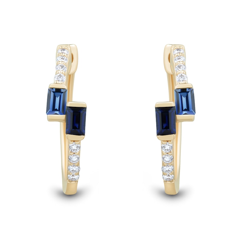 Baguette Blue Lab-Created Sapphire and 0.085 CT. T.W. Certified Lab-Grown Diamond Bypass Hoop Earrings in 10K Gold