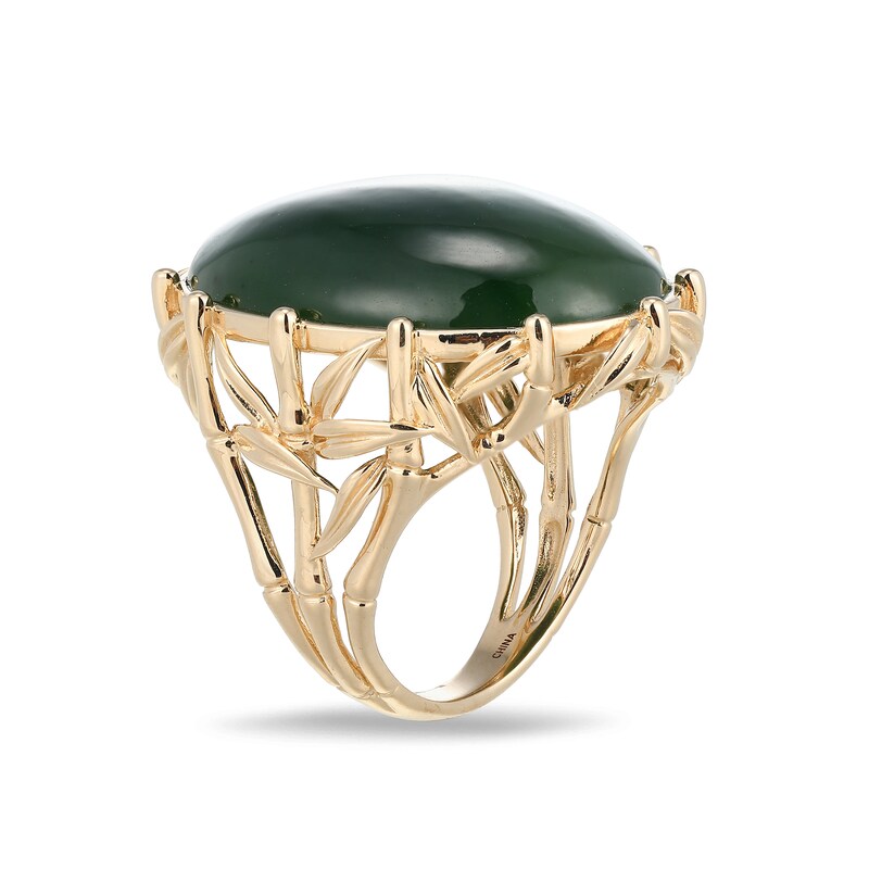 Main Image 2 of Oval Jade Solitaire Bamboo Motif Ring in 14K Gold - Size 7