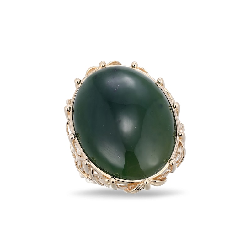 Main Image 3 of Oval Jade Solitaire Bamboo Motif Ring in 14K Gold - Size 7